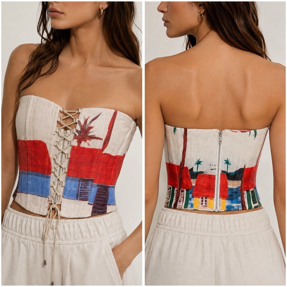 NWOT Olmos & Flores Corset Lino Casitas Organic Linen Resort Top Small Palms